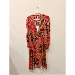 NWT Imperial Printed Silky Faux Wrap Midi Dress Burgundy/Yellow/Black Women's L